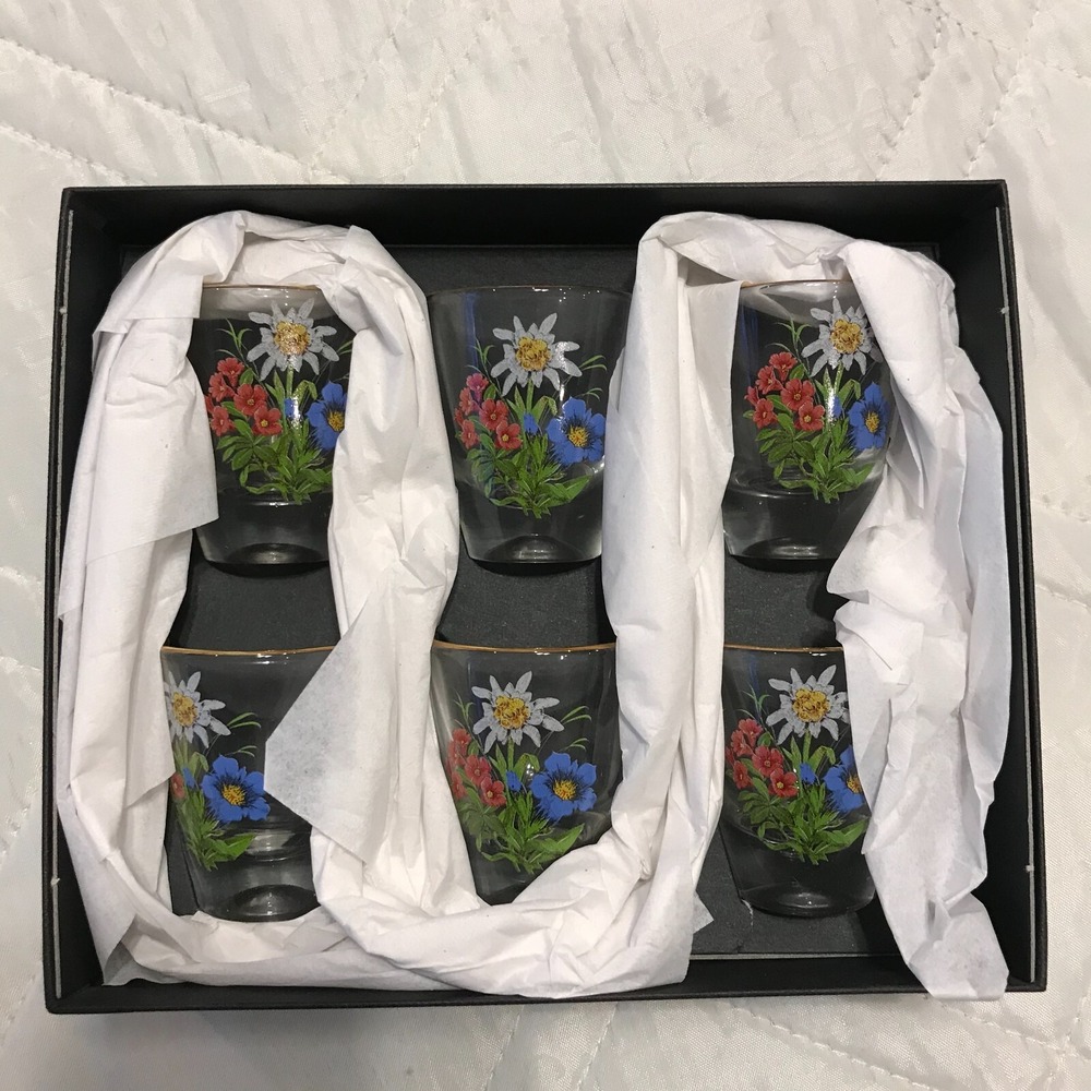 Set of 6 Bockling hand painted‎ floral shot glasses w/ gold rim